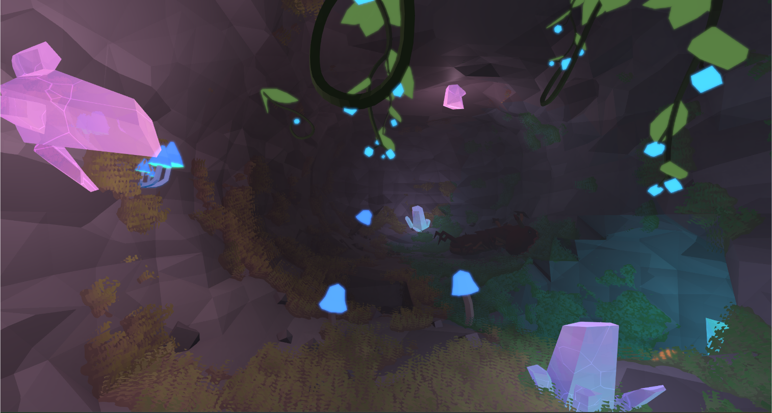Mole standing in a large cave with crystals