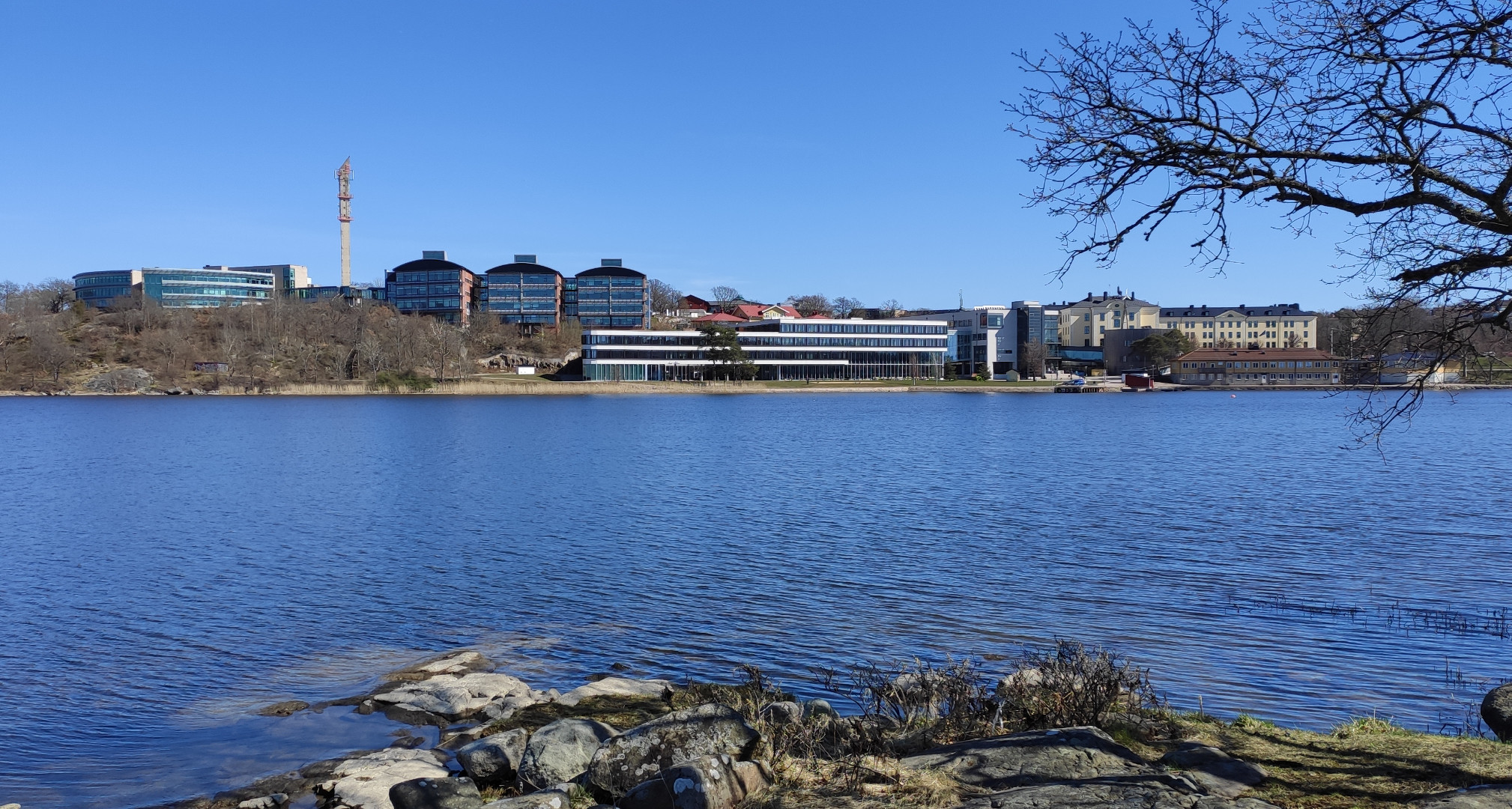 A photo of the BTH Karlskrona campus seen across the water